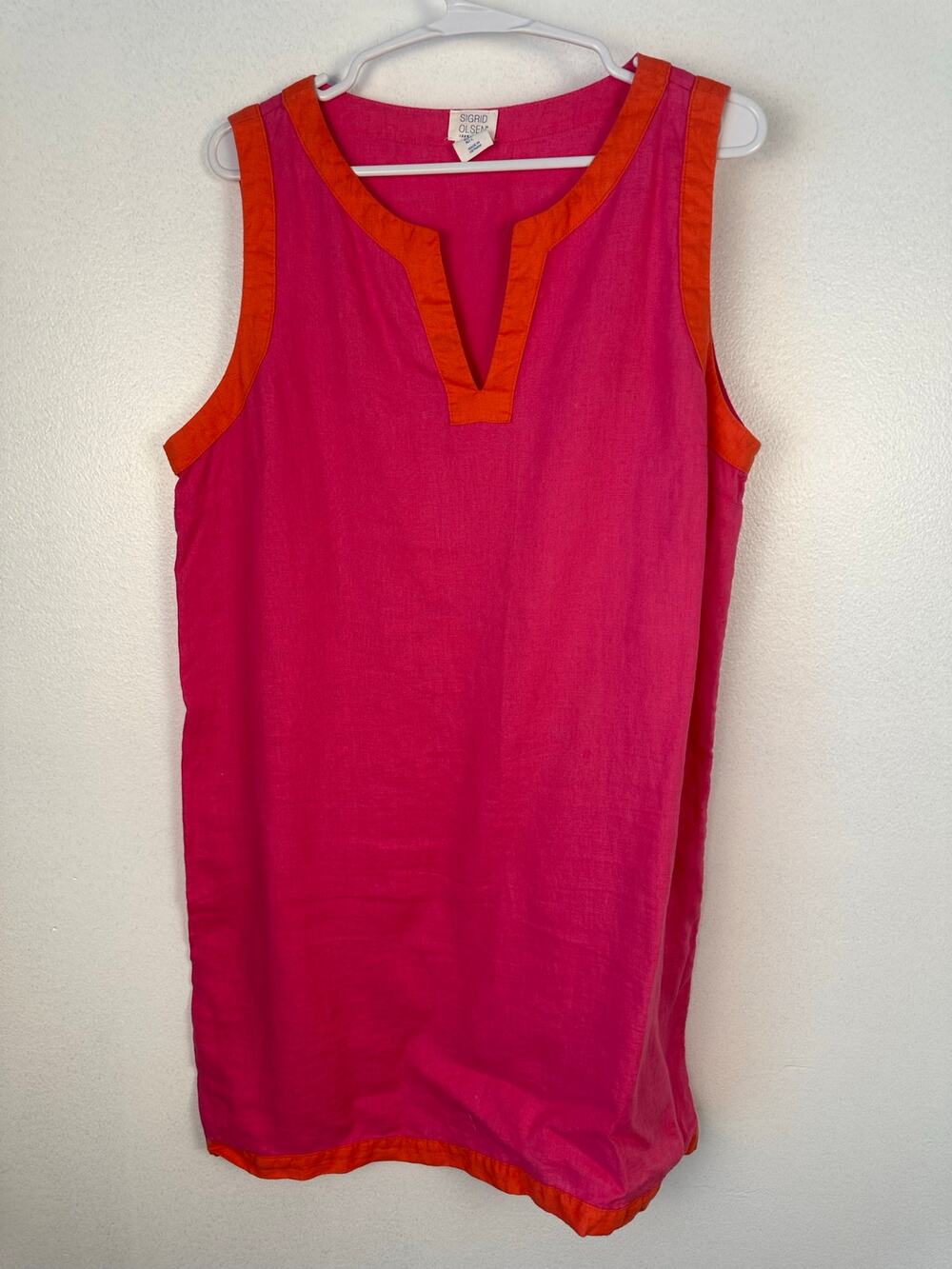 Sigrid Olsen sleeveless shift dress100% bright pink linen orange trim Large